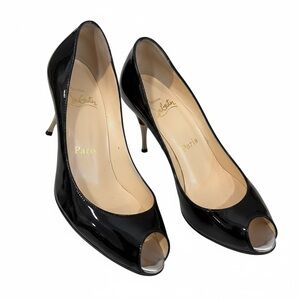 Christian Louboutin Black Patent Leather Peep Toe Heels Red Sole Pumps Size 36